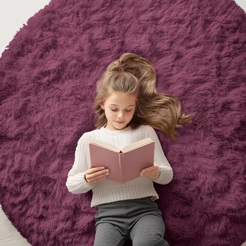 OLANLY Burgundy Round Rugs for Bedroom - Machine Washable, 5 ft Circle Area Rugs for Living Room, Soft and Fluffy Shaggy Carpet for Teen Girls and Boys, Nursery Rooms, Dorms, Home Decor Aesthetic
