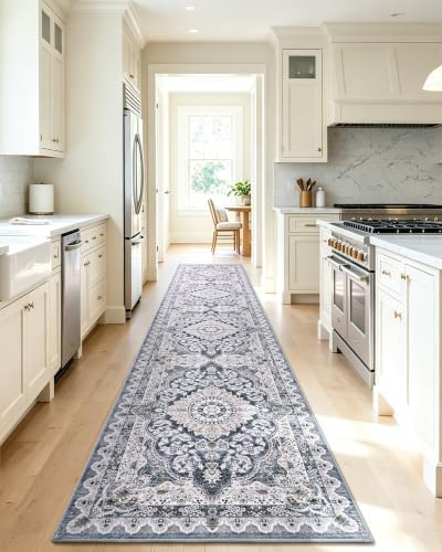 Macgace Washable Vintage Area Rug for Hallway, 2x10 Blue Runner Rugs