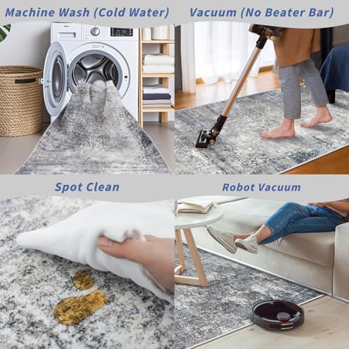 4x12 Wide Runner Rug for Hallway, Washable Non Slip Long Kitchen Rug, Soft Low Pile Carpet for Entryway Bedroom, Modern Abstract Area Rug（Blue Grey,4x12）