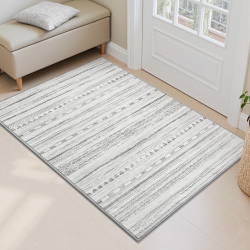 Small Area Rug-2x3 Entryway Rug Non Slip Washable Low Pile Indoor Door Mat Neutral Distressed Boho Moroccan Entrance Rugs Carpet for Bedroom Kitchen Powder Room Front Porch Bathroom, Grey