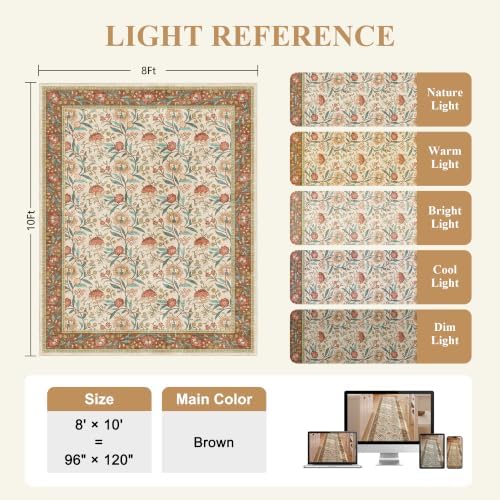 DUKINO 8x10 Area Rug, Vintage Floral Washable Rugs for Living Room, Brown