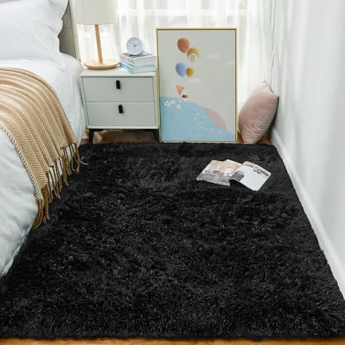 Ophanie Black Area Rugs for Bedroom Living Room, 4x6 Fluffy Fuzzy Shag Shaggy Carpet Soft Plush Furry Bedside Rug, Indoor Floor Rug for Kids Girls Boys Home Decor Aesthetic, Dorm Nursery