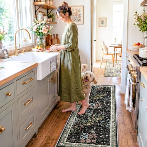 Washable Kitchen Runner Rug 2x6: Vintage Floral Rug for Hallway Kitchen - Machine Washable Non Slip Low Pile Carpet - Soft Foldable Runner for High Traffic Areas - 2'x6' Black