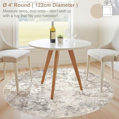 UERMEI 4ft Round Area Rug Living Room Rugs - 4x4 Washable Neutral Modern Abstract Soft Thin Rug Indoor Floor No Slip Rug Carpet for Bedroom Under Dining Table Home Office Decor - Brown Grey