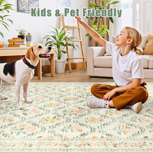PLHXFR Area Rug Living Room: 3x5 Floral Washable Boho Carpet Beige Multi