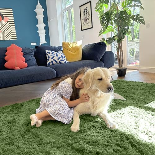 OLANLY 2x8 Machine Washable Runner Rugs for Hallway, Soft Fluffy Shaggy Bedside Rugs for Bedroom, Living Room, Indoor Floor Carpet for Kids Girls and Boys, Home Decor Aesthetic, Green