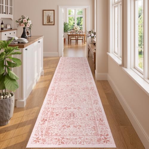 DUKINO 2x10 Runner Rug, Washable Vintage Floral Kitchen Rug, Pink