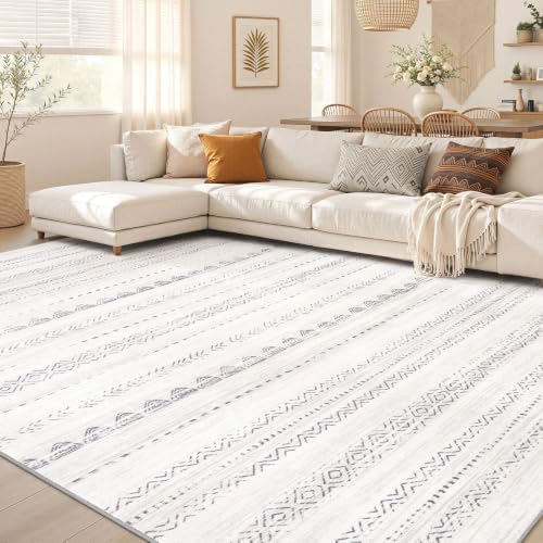 Area Rug Living Room Rugs: 12x18 Large Soft Machine Washable Boho Moroccan FarmNeutral Stain Resistant Indoor Floor Carpet for Bedroom Under Dining Table Home Office Decor-Boho Grey
