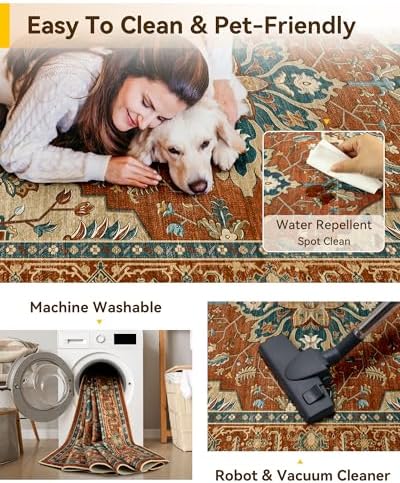 RELEANY Washable Area Rug, Runner 2'6"x5', Red/Orange/Blue/Brown