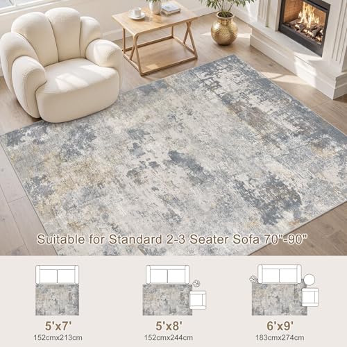 UERMEI 5x7 Area Rug Living Room Rugs - Washable Neutral Modern Abstract Soft Thin Large Rug Indoor Floor No Slip Rug Carpet for Bedroom Under Dining Table Home Office Decor - Blue Grey