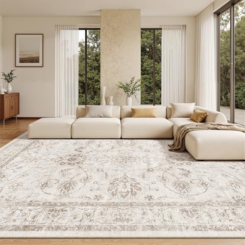 Madane Living Room 10x14 Area Rugs, Washable Soft Neutral Rug Brown/Ivory