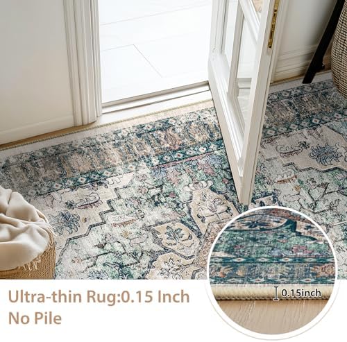BESTSWEETIE Washable Boho 8x10 Area Rug, No Pile for Living Room, Green