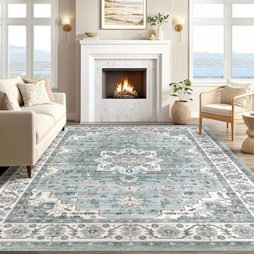 cotiled 10x12 Area Rug for Living Room, Washable, Traditional, Denim Blue