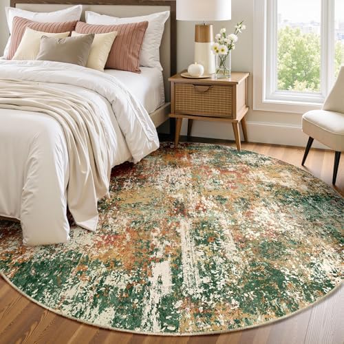 RELEANY Washable Round 8ft Area Rug for Living Room Green Multi