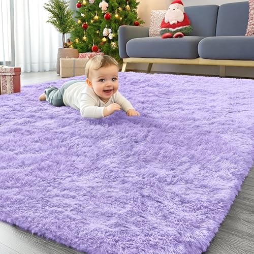 OLANLY Area Rugs for Living Room, Machine Washable 4x5.9 ft Soft Fluffy Shaggy Bedside Rug, Indoor Floor Carpet for Kids Girls and Boys, Dorms, Nursery Rooms, Home Decor Aesthetic, Light Purple