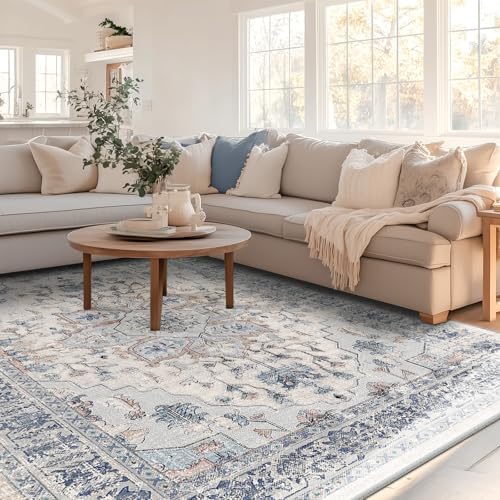 BESTSWEETIE Washable Boho 8x10 Area Rug, No Pile, Living Room, Beige Blue