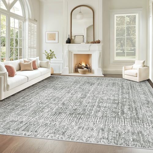 Living Room Rugs 9x12: Washable Moroccan Geometric Boho Rug Farmhouse Non Slip Stain Resistant Large Rug Low Pile Soft Carpet for Bedroom Dining Room Children Room (Grey,9'x12')