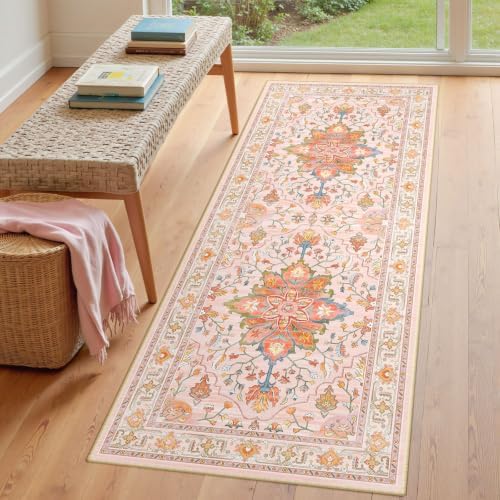 RELEANY Washable Area Rug, Runner 3'x8', Pink/Light Pink/Colorful