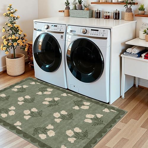 Floral Outdoor Rug - 28" x 43" Front Door Mat Indoor Outside Entrance Non-Slip Washable Outdoor Mat Sage Green Spring Scalloped Rug for Entryway Kitchen Bedroom Layered Doormat for Front Porch