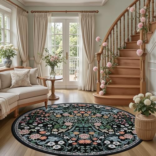 PLHXFR Round Area Rug Living Room: 6 ft Floral Washable Carpet Dark Black