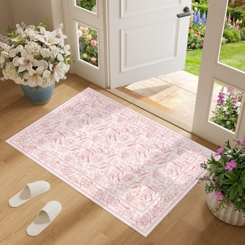 DUKINO 2x3 Rug, Washable Vintage Floral Bathroom Rugs Non Slip, Light Pink