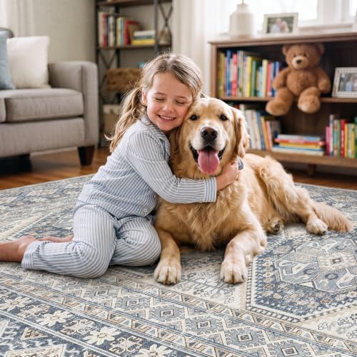 12x12 Square Area Rug Washable: Non Slip Living Room Floor Carpet Blue