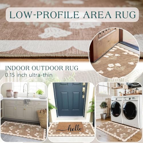 Front Door Mat Indoor Entrance, 2x4.3 Tan Boho Floral Farmhouse Rug