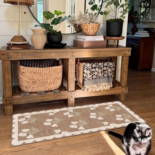 Front Door Mat Indoor Entrance, 2x4.3 Tan Boho Floral Farmhouse Rug