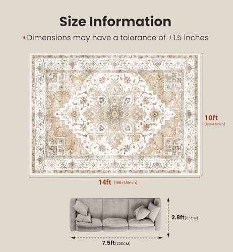 Amada Large 10x14 Washable Area Rug for Living Room, Beige, Boho Vintage