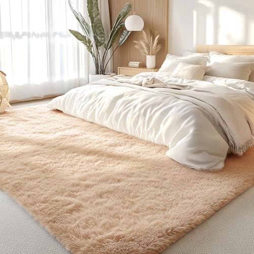 OLANLY 6x9 Machine Washable Large Area Rugs for Living Room, Bedroom, Soft Fluffy Shaggy Bedside Rug, Indoor Floor Carpet for Kids Girls and Boys, Dorms, Nursery, Home Decor Aesthetic, Beige