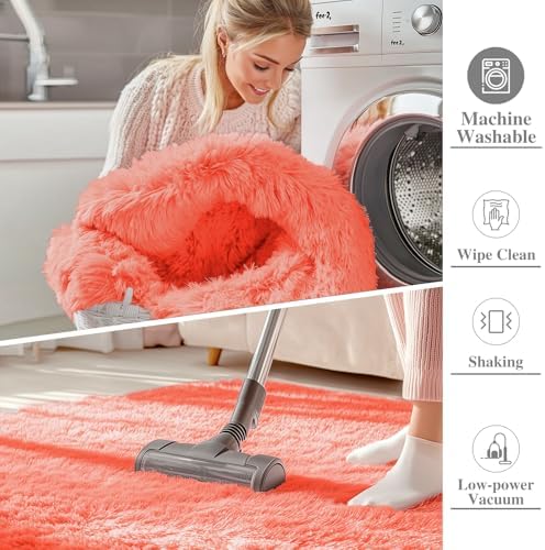 OLANLY 2x5 Machine Washable Runner Rugs for Hallway, Soft Fluffy Shaggy Bedside Rugs for Bedroom, Living Room, Indoor Floor Carpet for Kids Girls and Boys, Home Decor Aesthetic, Coral Red