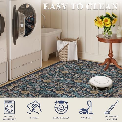 DUKINO 10x14 Rug for Living Room Washable Vintage Floral Area Rug Dark Blue