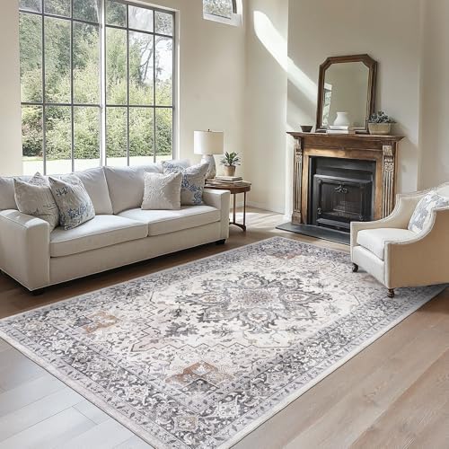 Amada 6x9 Washable Area Rug for Dining Room, Taupe, Boho Vintage Pattern