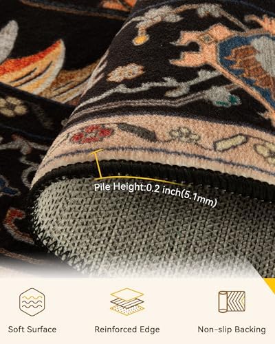 RELEANY Washable Area Rug, Round 4ft, Black/Colorful