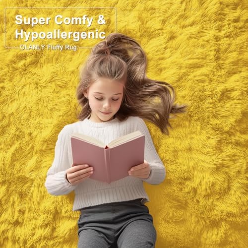 OLANLY 5x7 Machine Washable Large Area Rugs for Living Room, Bedroom, Soft Fluffy Shaggy Bedside Rug, Indoor Floor Carpet for Kids Girls and Boys, Dorms, Nursery, Home Decor Aesthetic, Yellow