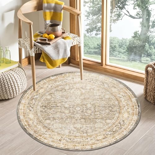 OPPODREAM Vintage Beige Area Rugs 3' Round, Washable Rug for Living Room