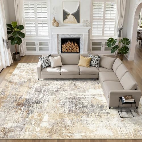 LOONGRUG 12x15 Area Rug Washable Large Neutral Modern Living Room Rugs