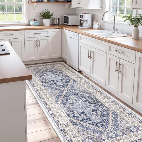 zesthome 3x8 Runner Rug Non Slip,Washable Hallway Runner Rug,Blue