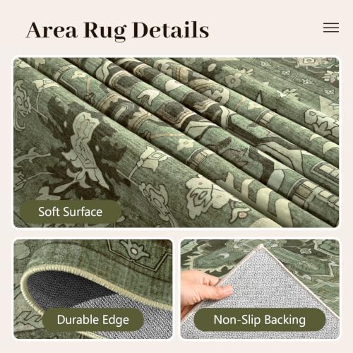 4x6 Ft Area Rugs for Living Room, Soft Non-Slip Machine Washable Rug, Vintage Stain Resistant Carpets for Bedroom Nursery Dining Room Home Decor (Green)