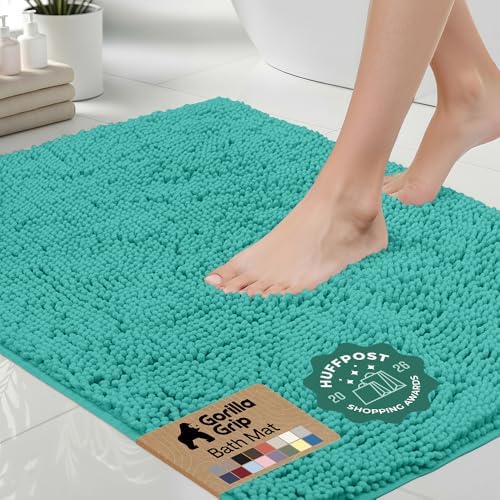 GORILLA GRIP Bath Rug Mat for Bathroom, Absorbent Chenille, 44x26 Turquoise