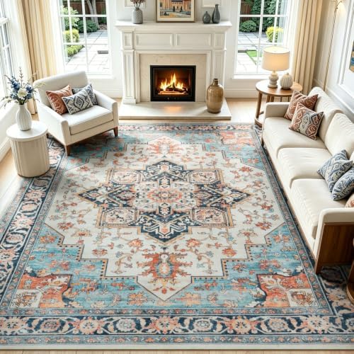 Lofus Washable Rugs 8x10, Blue and Orange Vintage Carpet for Living Room