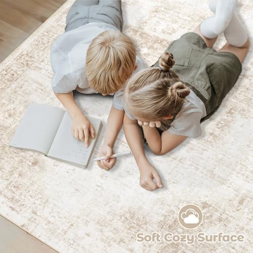 Runner Rug 2.6x8 Washable Rug, Vintage Boho Medallion Hallway Runner Non-Slip Soft Low Pile Distressed Floor Carpet Retro Doormat for Kitchen Bedroom Laundry Entryway Bathroom (Beige, 2'6''x8')