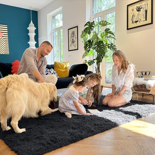 OLANLY 2x12 Machine Washable Runner Rugs for Hallway, Soft Fluffy Shaggy Bedside Rugs for Bedroom, Living Room, Indoor Floor Carpet for Kids Girls and Boys, Nursery Rooms, Home Decor Aesthetic, Black