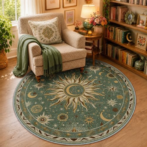 Vacuum-Friendly, Round 4ft Washable Area Rug, Green Brown