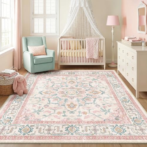 CAPALOCA Square 6ft Washable Nursery Girls Low Pile Area Rug Pink Teal