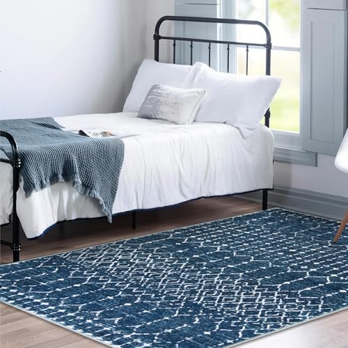 Lahome Moroccan Blue Carpet for Living Room 4x6 Area Rug Non-Slip Ultra-Thin Soft Bedroom Rug Stain Resistant Modern Carpet with Geometric Print for Office, Kitchen, Entryway, Dining Room Hana