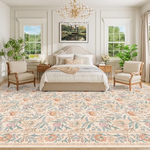 DUKINO 10x14 Area Rugs for Living Room, Washable Vintage Floral Rug, Beige