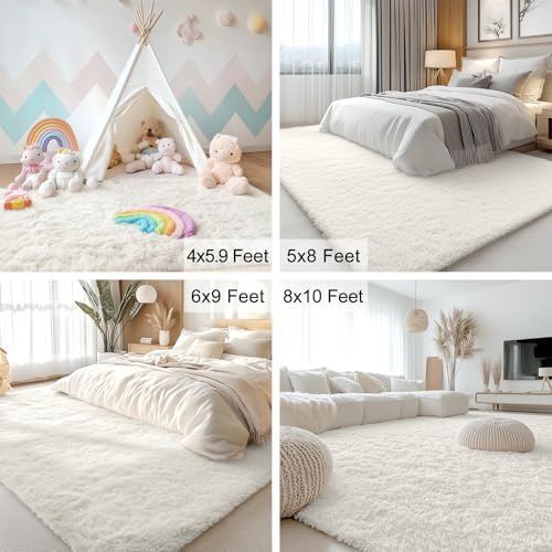 OLANLY 7x11 Machine Washable Large Area Rugs for Living Room, Bedroom, Soft Fluffy Shaggy Bedside Rug, Indoor Floor Carpet for Kids Girls and Boys, Dorms, Nursery, Home Decor Aesthetic, Ivory