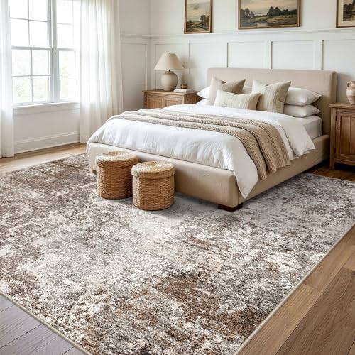 9x9 Square Living Room Area Rug Washable Non-Slip, Brown Beige