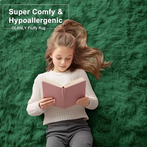 OLANLY 9x12 Machine Washable Large Area Rugs for Living Room, Bedroom, Soft Fluffy Shaggy Bedside Rug, Indoor Floor Carpet for Kids Girls and Boys, Dorms, Nursery, Home Decor Aesthetic, Dark Green
